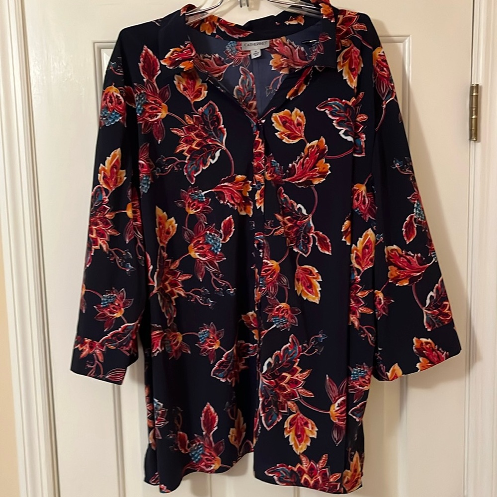 4X blue with printed flowers button down by Catherines